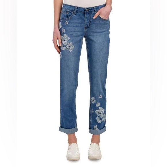 Earl Jeans Embroidered Floral Boyfriend Casual Denim - Picture 1 of 10